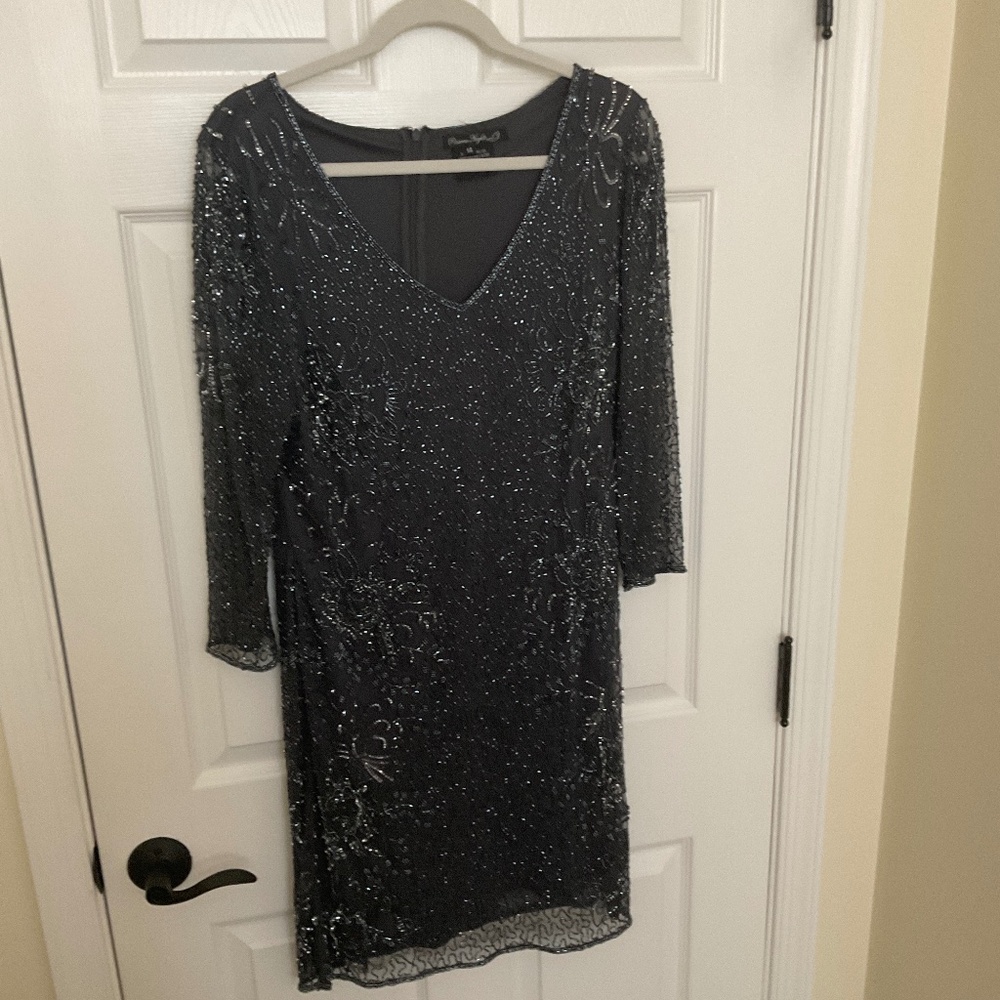 Ladies V-Neck cocktail dress.  Charcoal grey with silver accent beading. Size 14
